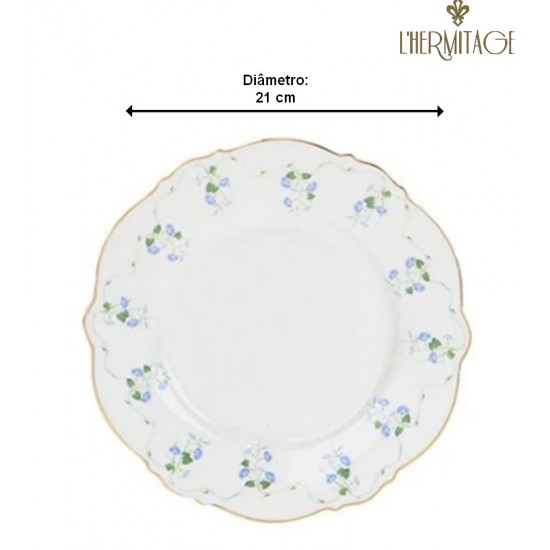 Prato Avulso para Sobremesa 21 cm Royal Romantic em New Bone China com Filete de Ouro